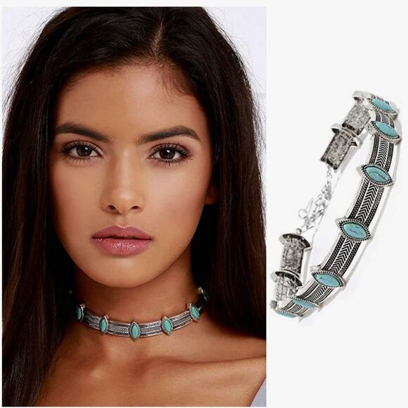 Boho Turquoise Marquise Silver Choker Necklace - Picture 1 of 8
